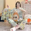 Conjunto de Tres Piezas para Niñas de Verano: Top de Manga Corta, Shorts y Pantalones Largos, Imitación Algodón Seda de Leche, Conjunto de Ropa de Casa de Dibujos Animados, Empaquetado para Venta Transfronteriza
