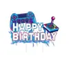 Decoraciones para fiesta de cumpleaños de pastel con temática de juego de neón transfronterizo, incluyendo adornos colgantes, pancartas y centros de mesa.