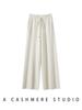 Estilo Novo Outono e Inverno 100% Caxemira Cor Lisa Efeito Emagrecedor Comprimento das Pernas Cadarço Calças de Tricô Wide-Leg para Mulheres com Bainhas Dobradas e Calças Casuais Versáteis