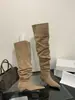 []2026 Botas de Caña Ancha Arrugadas de Tacón Medio Estilo Holgado Botas Largas Europeas y Americanas Hasta la Rodilla Punta Fina Botas Altas