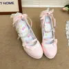 Sapatos Doces de Laço para Meninas Moda Lolita Estilo Princesa Anime Macios Impermeáveis Plataforma Salto Alto