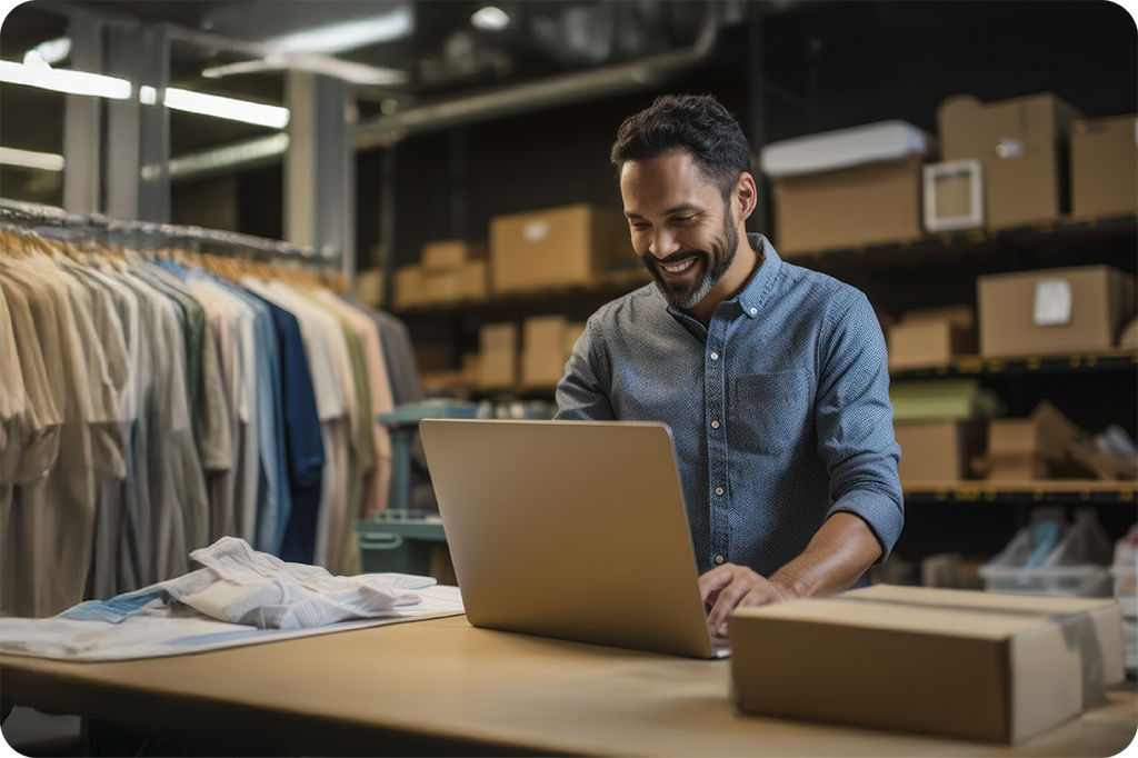 Empresário sorrindo em frente ao laptop em galpão de estoque, planejando sua primeira importação da China