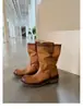 ¡La fábrica está en proceso de producción! Zapatos estilo Grape Mom, punta redonda vintage desgastada, botas vaqueras de tacón grueso de media caña texturizadas, botas de jinete