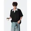 Camiseta Falsa de Duas Peças Color-Blocking Estilo Americano para Homens, Marca Tendência de Verão Versátil Esportiva Casual Camisa Polo, Manga Curta Retro Solta para Casal