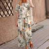 Ropa Nueva para Mujer Transfronteriza Amazon Temu Traje Casual de Pantalón Nueve Puntos de Manga Corta Estampado de Algodón y Lino Floral