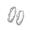 Anéis de Casal Lua Azul Eucalipto Azul e Pássaro em Prata de Lei S925, um Par de Anéis Abertos com Design de Nicho para Homens e Mulheres