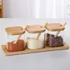 Juego de Frascos Sellados de Vidrio Caja de Condimentos Frasco de Condimentos de Vidrio Juego de Tres Piezas Suministros Creativos de Cocina Salero de Madera Azucarero