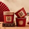Vasos de Papel al por Mayor para Bodas, Uso Doméstico, Vasos de Agua Engrosados, Tazas de Té para Bodas, Vasos Dorados con Doble Felicidad para Banquetes de Bodas, Vasos Desechables