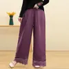Calça Cropped de Perna Larga Casual Artística Retrô Bordada Estilo Étnico Algodão e Linho de Tamanho Grande para Emagrecer do Sudeste Asiático