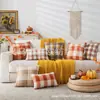 Almofada de Pelúcia Xadrez de Outono Capa de Almofada com Fio de Laço Grosso Decoração de Sala de Estar Estilo Country Americano