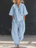 Conjunto de dos piezas de moda casual transfronteriza europea y americana para mujer, color liso, cuello en V, holgado, manga corta, cárdigan y pantalones largos