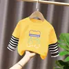 Top estampado de dos piezas falso para niño, camiseta de manga larga 100% algodón para bebé niño, ropa de otoño para niño pequeño