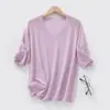 Vento Suave 2026 Verão Novo Suéter de Malha com Gola V de Manga Curta para Mulheres, Camisa Base Solta Casual Versátil