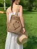 Bolsa de Tote Tejida con Cara Sonriente Amarilla 2026 para Mujer, Bolso de Hombro Hueco de Diseño de Nicho, Estilo Chica Energética