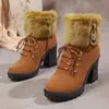 Botas de Mujer con Plataforma y Tacón Grueso Transfronterizas Europeas y Americanas Decoración Otoño e Invierno Más Vendidas con Cordones Borde Deshilachado Botas de Mujer con Felpa al Por Mayor Tallas Grandes