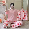 Conjunto de Tres Piezas para Niñas de Verano: Top de Manga Corta, Shorts y Pantalones Largos, Imitación Algodón Seda de Leche, Conjunto de Ropa de Casa de Dibujos Animados, Empaquetado para Venta Transfronteriza