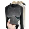Cardigan para Mujer de Terciopelo Acanalado Gris Oscuro con Cuello Alto, Otoño e Invierno 2026, Nuevo, Ajustado, Sudadera, Prenda Interior