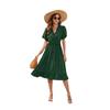Vestido Casual de Amazon Transfronterizo con Cuello en V, Cintura Alta y Lazo con Pompones, Manga Corta para Vacaciones y Viajes, Vestido de Playa