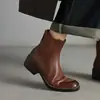 Nuevas Botas de Tobillo Vintage Europeas y Americanas para Otoño/Invierno, Piel Genuina, Punta Redonda, Tacón Grueso, Marrón Desgastado, Botas Martin para Mujer sin Cordones