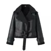 Comercio Exterior Transfronterizo Invierno Estilo Europeo y Americano Ropa de Mujer Versátil Solapa Manga Larga con Cinturón Casual Cuero y Piel Chaqueta Abrigo de una Pieza