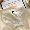 Bragas de Verano Francesas Retro de Seda Helada con Lunares Color Crema para Mujer, Ribete Sexy de Encaje, Calzones de Algodón Puro para Estudiantes para Mujer