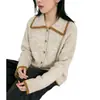 Cardigã suéter de lapela estilo casual para mulheres, novo modelo outono/inverno 2026, color blocking, modelagem solta, jaqueta de tricô afina a silhueta