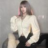 Estilo europeo y americano transfronterizo otoño retro color sólido slim ombligo moda solapa cremallera camisa manga larga para mujer comercio exterior al por mayor