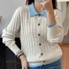 Nuevo estilo de primavera cárdigan de algodón puro estilo dos piezas falsas con cuello POLO, suéter de punto trenzado con bloques de color, chaqueta de punto holgada estilo coreano para mujer