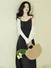 Conjunto de Vestido de Tirantes Delgado Estilo Francés Hecho a Medida para Verano con Cárdigan de Punto, Ceñidor de Cintura, Adelgazante y Adecuado para el Trabajo, Conjunto de Dos Piezas