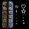 Decorações Mistas para Nail Art com 12 Compartimentos, Pérolas Meio Redondas, Estrelas Vazadas de Cinco Pontas, Laços de Liga e Acessórios Starburst
