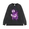 Camiseta de Manga Corta Lavada Desgastada con Estampado de Graffiti Holgada Talla Grande Estilo Hombro Caído Retro Americano Ropa Urbana Marca de Moda Top de Manga Larga