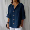 Amazon 2025 Verão Novo Exportação Camisa Solta Feminina Decote V Algodão e Linho Botão Camiseta Tops para Mulheres