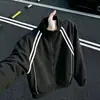 Sudadera con capucha de punto grueso a rayas americanas para hombre, Otoño, Chaqueta de alta gama Traviesa y Genial, Chaqueta de béisbol con cuello alto para pareja