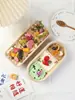 Caixa de Almoço Descartável de Polpa, Caixa de Bolo da Moda com Três Sabores, Caixa Bento Longa Estilo Japonês com Três Compartimentos, Caixa de Sobremesa de Três Peças