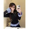 Camiseta Xadrez Casual Retrô Falsa Duas Peças Manga Longa Gola Redonda 2025 Outono Nova Slim Fit Estilo Leve Maduro Top
