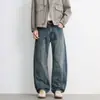 Roupas Masculinas Shanggu Primavera e Outono Jeans Retro Americano com Estampa Olho de Gato Masculino High-Street Lavado Casual Calças Foice
