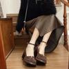 Zapatos de tacón alto con punta redonda retro francesa para mujer, primavera y otoño 2025, recién llegados, con lazo para hombres pequeños.