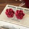 Magenta Caliente~Elegante Retro Rojo Rosa Pendientes de Flor Romántica Pendientes de Pétalo Suave Francés Mujer Suave