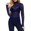 Camiseta Transparente de Malla Negra para Mujer, Otoño 2023, Manga Larga, Sexy, Transparente, Malla Fina. Camisa de Malla Elástica
