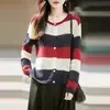 Chaqueta de punto fino de manga larga a rayas, nuevo cárdigan de punto para mujer otoño-invierno 2026 lana cuello redondo colorblock