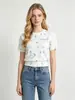 Top de punto de manga corta con estampado Primavera Verano para mujer Cuello redondo Estampado corto Capa base de seda helada Top de fábrica de origen Venta al por mayor