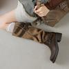 Botas Largas Retro Llamativas para Mujer Otoño e Invierno 2025 Punta Redonda Tacón Grueso Tacón Medio No Más Altas que la Rodilla Botas de Moda Llamativas