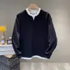 Novedad de Otoño Sudadera Casual Falsa de Dos Piezas para Hombre Pulóver de Moda Tendencia Manga Larga Capa Base Ajustado Camiseta Versátil