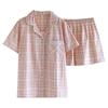 Verano Mujer Manga Corta Shorts Algodón Ropa para el Hogar Lavable Algodón Pijama Traje Talla Grande Cuadros Casual Delgado