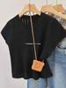 Suéter de punto para mujer, de verano, de manga corta, nuevo, cuello redondo, corte, ligero, diseño de bajo corto, color liso, parte superior negra