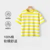 Camiseta de Verano Nueva de Algodón Puro con Rayas de Manga Corta para Niños, Top Holgado Transpirable para Niños, Versátil Casual para Exteriores, Manga Media