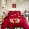 Conjunto de quatro peças para casamento, 100% algodão, vermelho vivo, para camas de noivos, incluindo lençóis e fronhas de edredom, alta qualidade, algodão puro, perfeito para o quarto de recém-casados