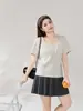 Camiseta Básica Simple de Manga Raglán con Botones y Cuello Redondo Nueva Camiseta de Manga Corta Adelgazante para Mujer 66173