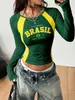 Camiseta Feminina Fashion Retro Estampa Bandeira do Brasil Manga Curta Color Block Slim Fit Gola Redonda Manga Longa Atacado