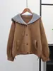 Cardigan de Lã Dupla Face Tricotado com Design de Cor Contrastante Solto Estilo Coreano 2025 Outono e Inverno Novo Casaco Suéter com Lapela Moda Feminina